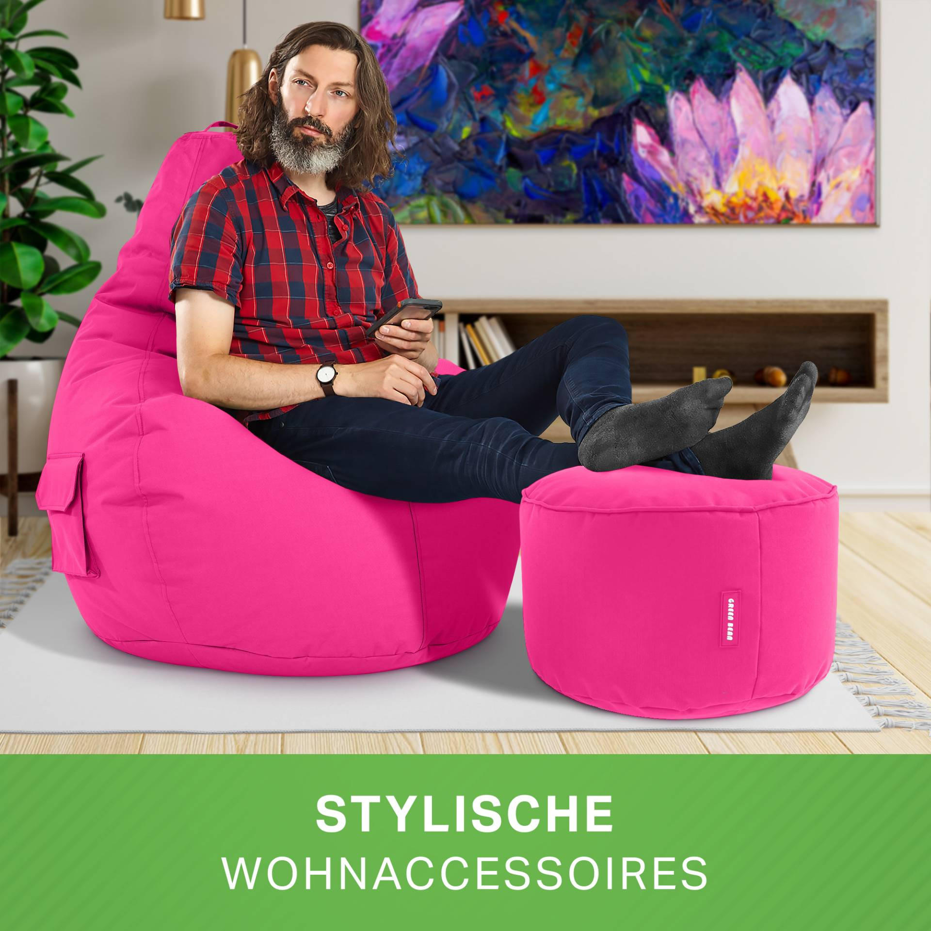 SITZSACK + Hocker "Cozy+Stay" 2er Set - Pink, Textil (70/90/80cm) - Green Bean