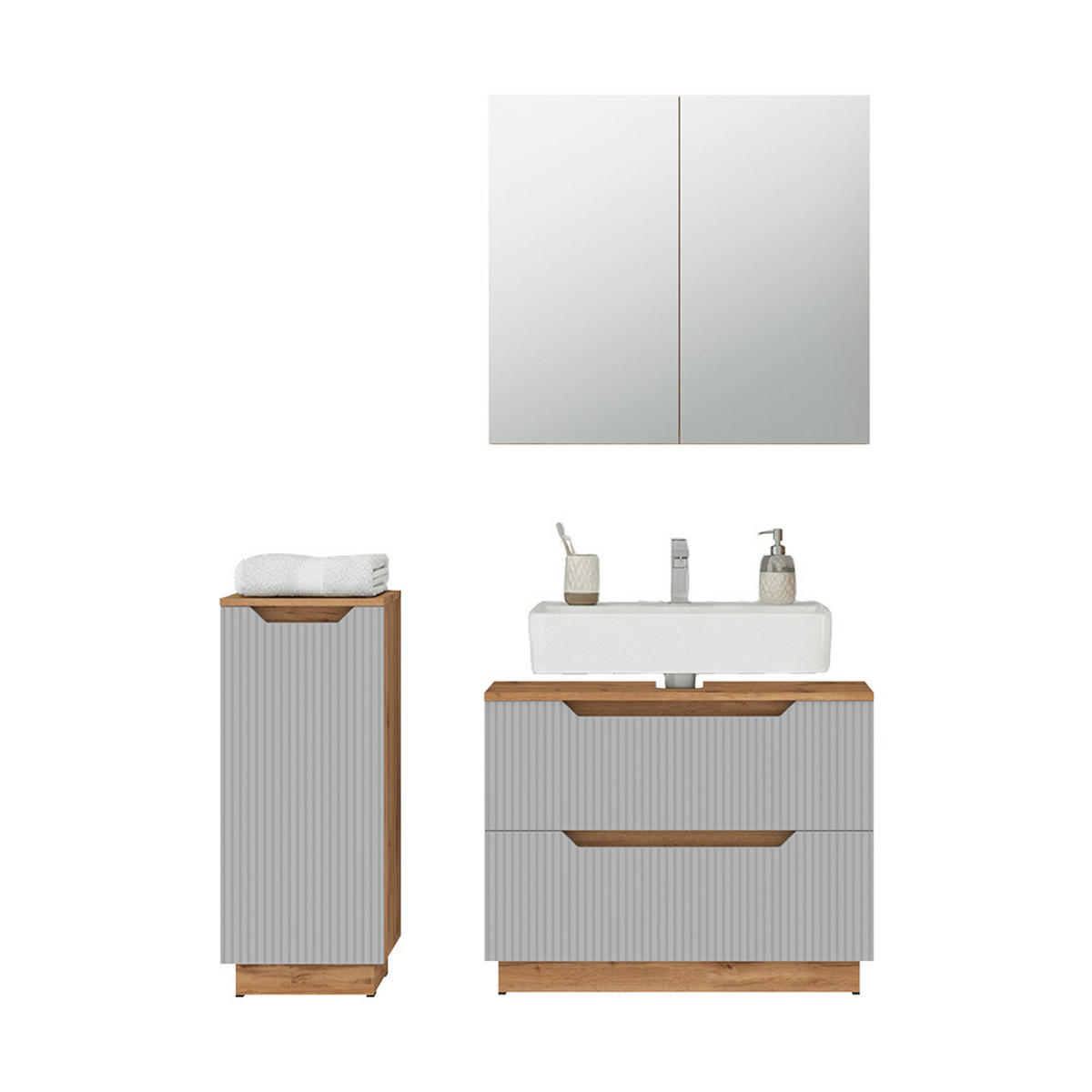 BADMÖBEL-SET Lotta Eiche/grau gestreift 3 Teile - Grau, Holzwerkstoff (79.6/62.5/32cm) - Vicco