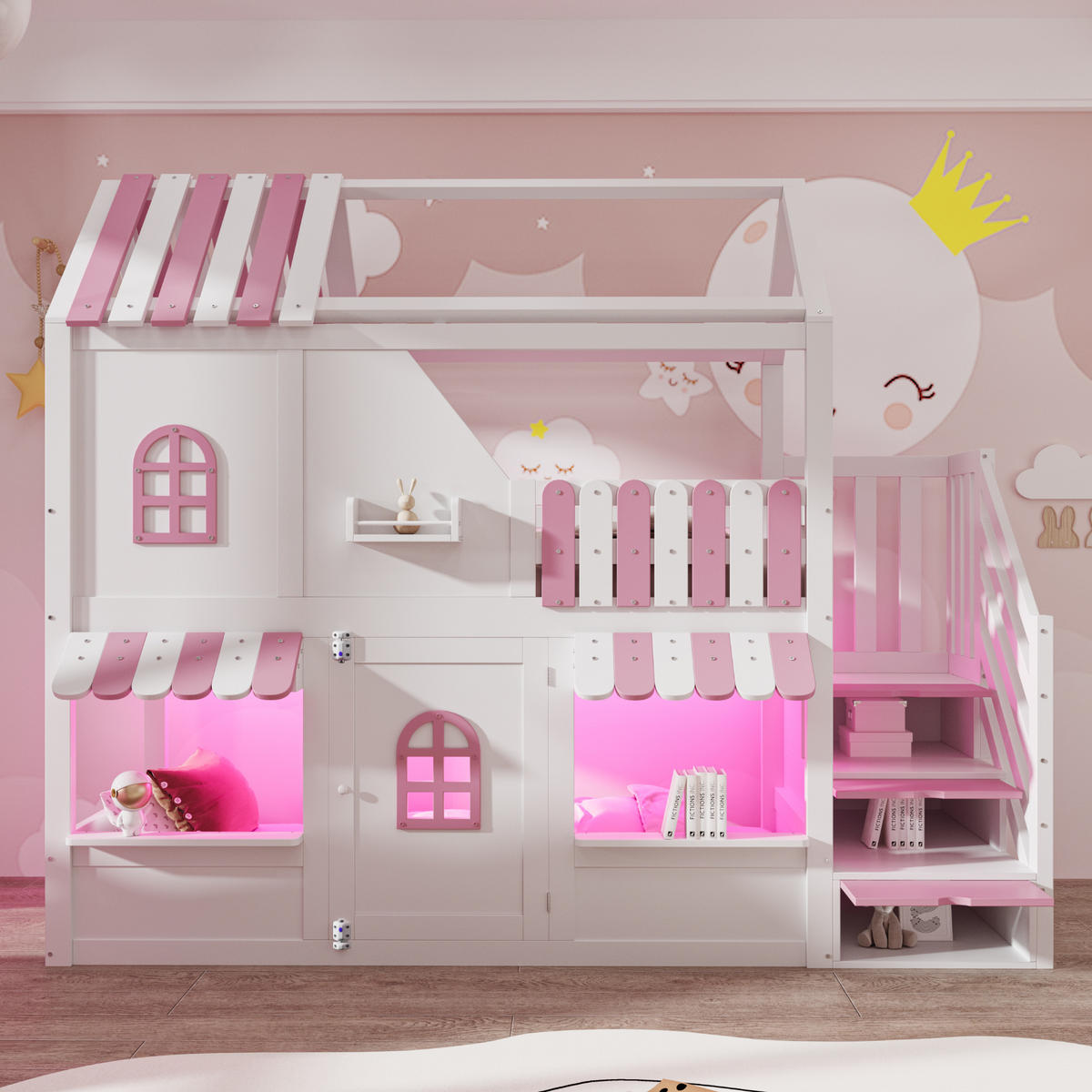 ETAGENBETT Hausdesign Weiß Rosa - Pink, Holz (90/200cm) - ComfortXL