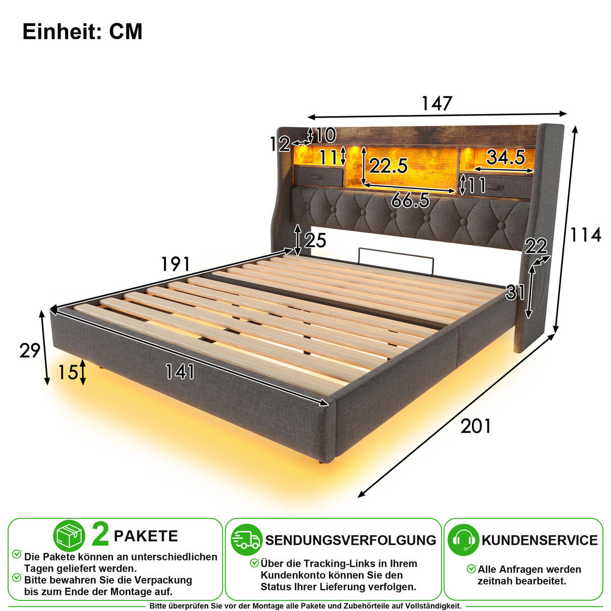 POLSTERBETT 140/190 cm in Grau mit LED, USB und Regal Leinen - Grau, Holzwerkstoff/Textil (140/190cm) - CHICFURN