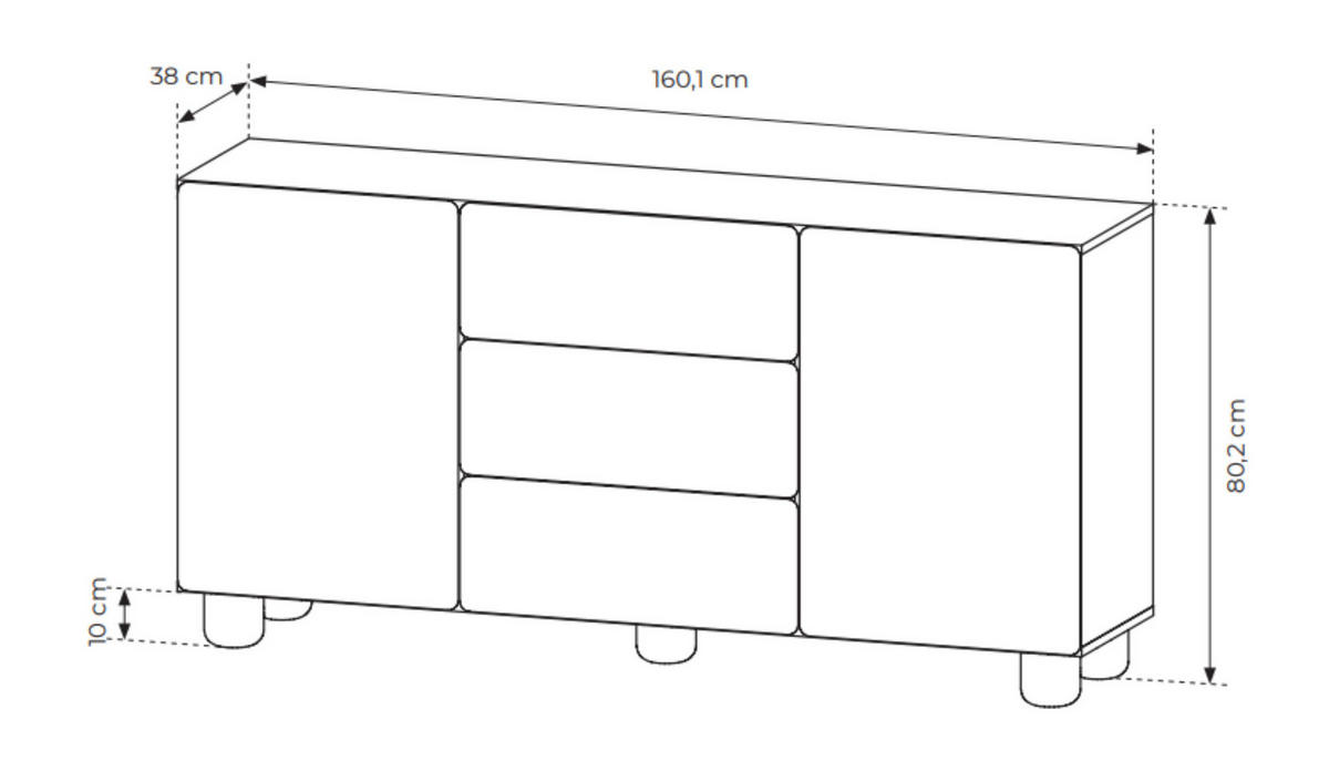 SIDEBOARD Olmo Vicenza Eiche, dreitürige Kommode mit Schubladen - Alteiche, Holzwerkstoff (160/80/38cm) - Bettso