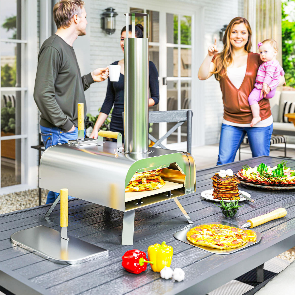PIZZAOFEN DE-10051 mit Pizzastein und Schaufel Edelstahl - Silberfarben, Metall (36/75/79cm) - ComfortXL