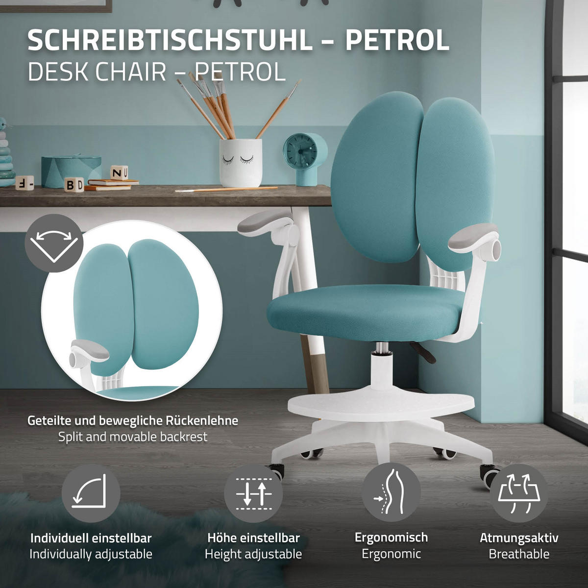 DĚTSKÁ ŽIDLE K PSACÍMU STOLU, petrolová, 95–107 cm, z polyesteru - bílá/petrolejová, textil/plast (53/107/53cm) - ML-DESIGN