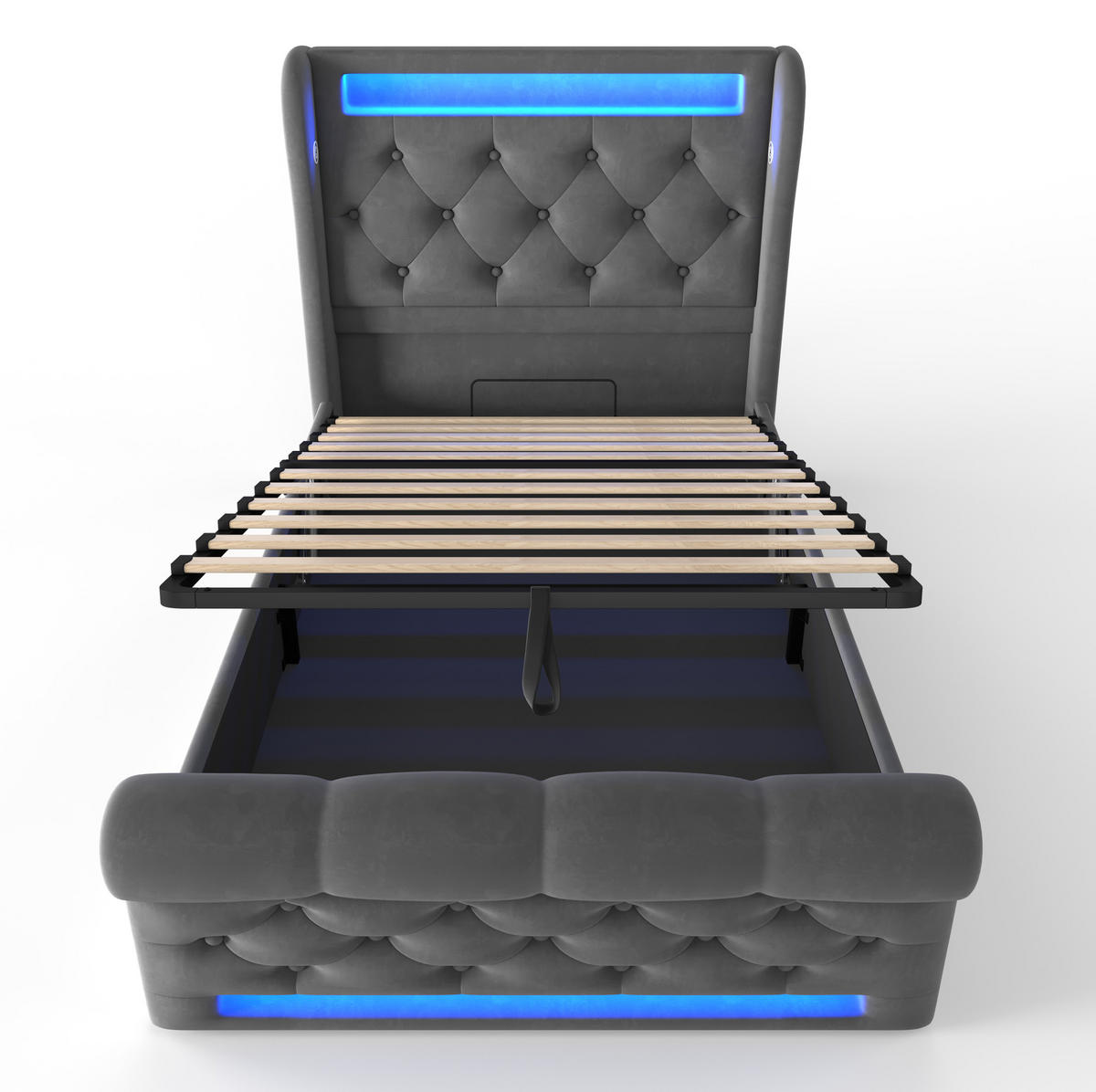 POLSTERBETT aus Samt 90x200 cm in Grau mit LED & USB-C-Ladestation - Grau, Textil (90/200cm) - Modfu