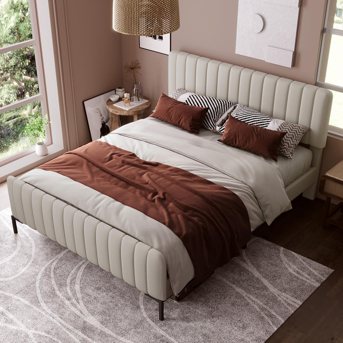 POLSTERBETT 140/200 cm Grau-Beige mit verstellbarem Kopfteil und Lattenrost - Grau, Textil (140/200cm) - OKWISH