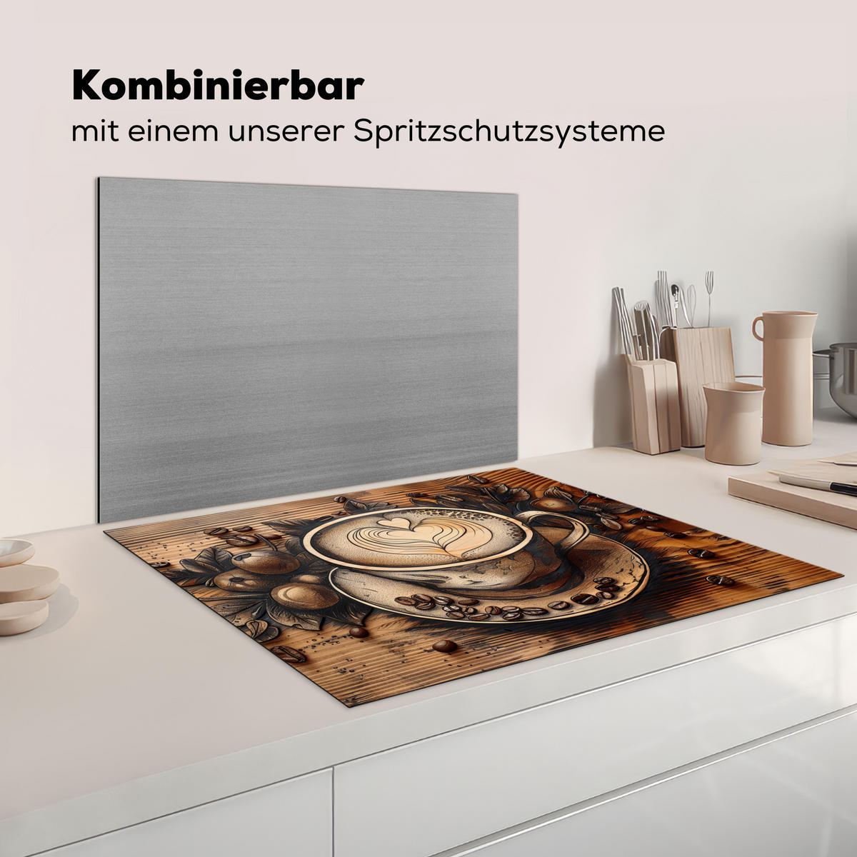 KRYT NA INDUKČNÍ DESKU Káva - Vintage - hnědá - šálek - dřevo 77x59 cm - kapučínová, plast (77/59/0.2cm) - MuchoWow