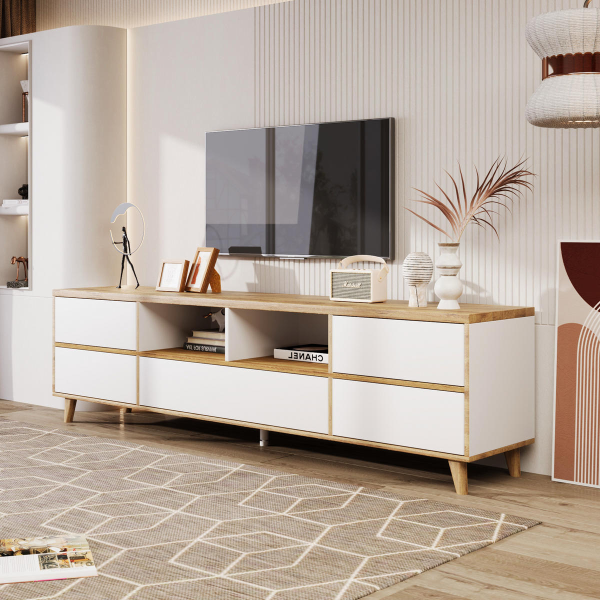 TV-SCHRANK 175/37/51 cm weiß MDF mit 4 Fächern und stabilen Holzfüßen - Naturfarben, Holzwerkstoff (175/51/37cm) - OKWISH