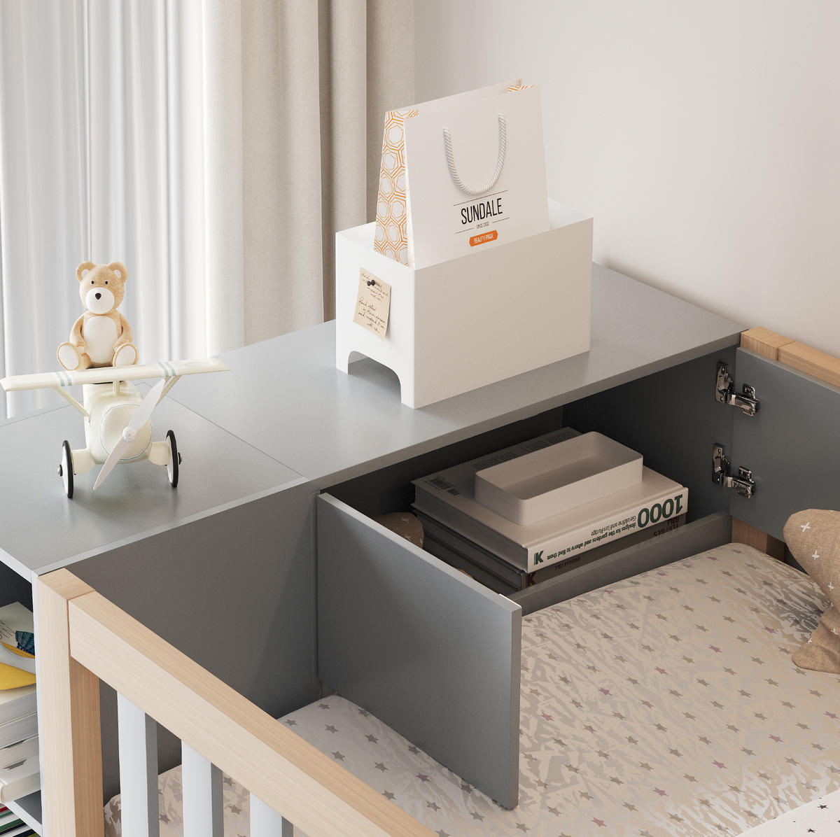 HOCHBETT 90/200 cm mit Kleiderschrank, Regalen und Stauraumleiter, Grau/Natur - Grau, Holzwerkstoff (90/200cm) - Redom
