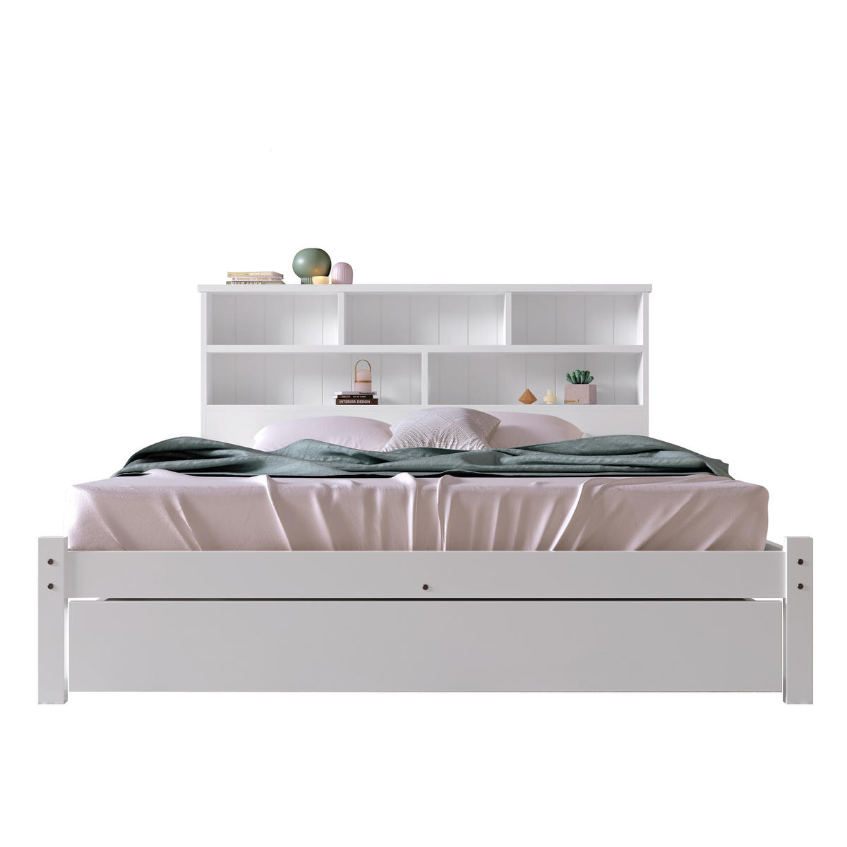 BETT 140/200 cm mit Bücherregal-Kopfteil, Schubladen & Lattenrost, Weiß - Weiß, Holz (140/200cm) - Redom