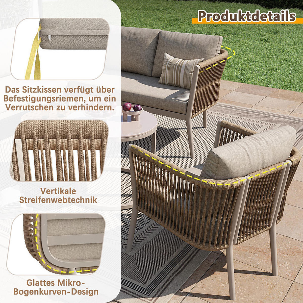 GARTENMÖBELSET 6-teiliges PE-rattan Sitzgruppe in Beige - Beige, Metall