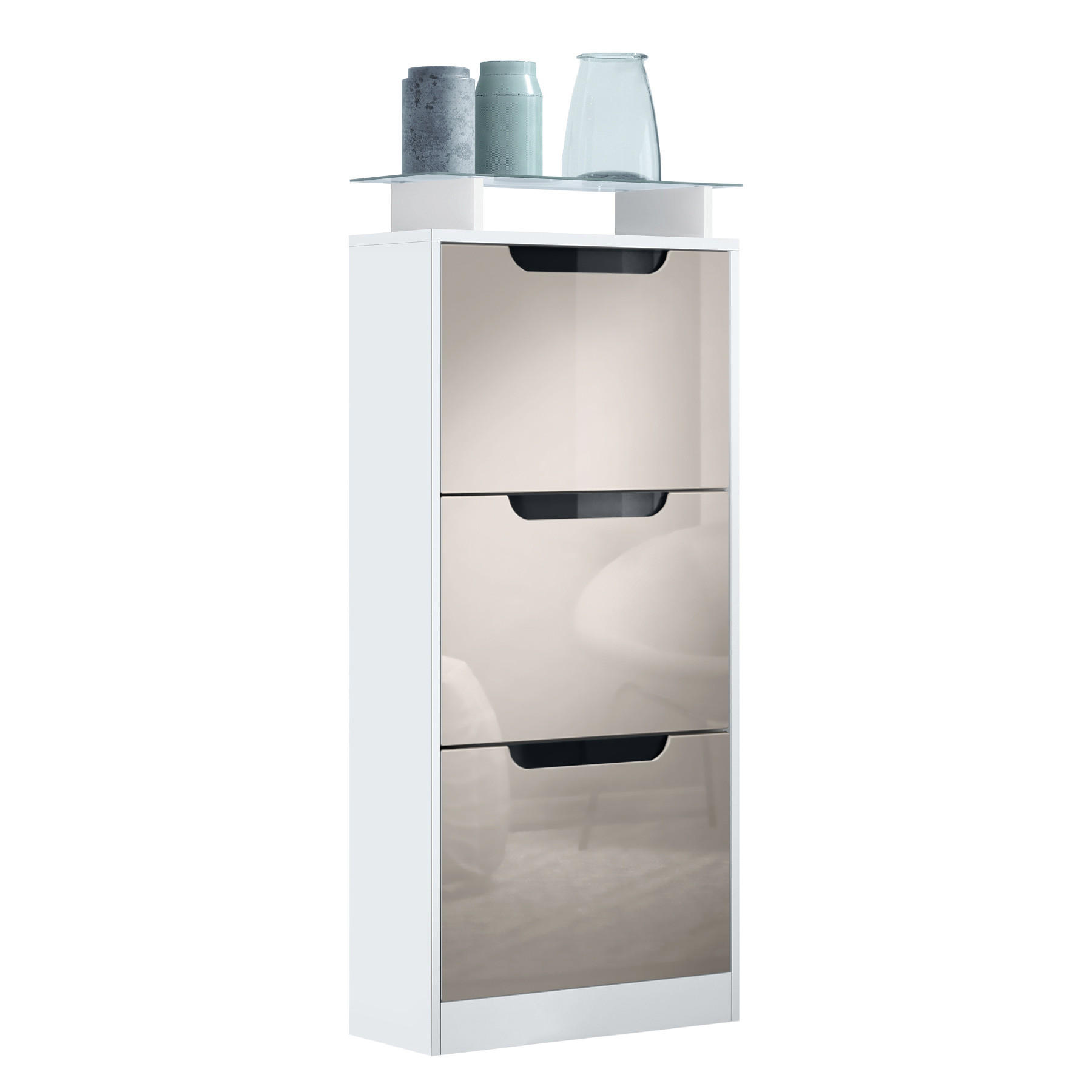 SCHUHSCHRANK Space Sandgrau Hochglanz - Sandfarben, Holzwerkstoff (46/128/23cm) - Vladon