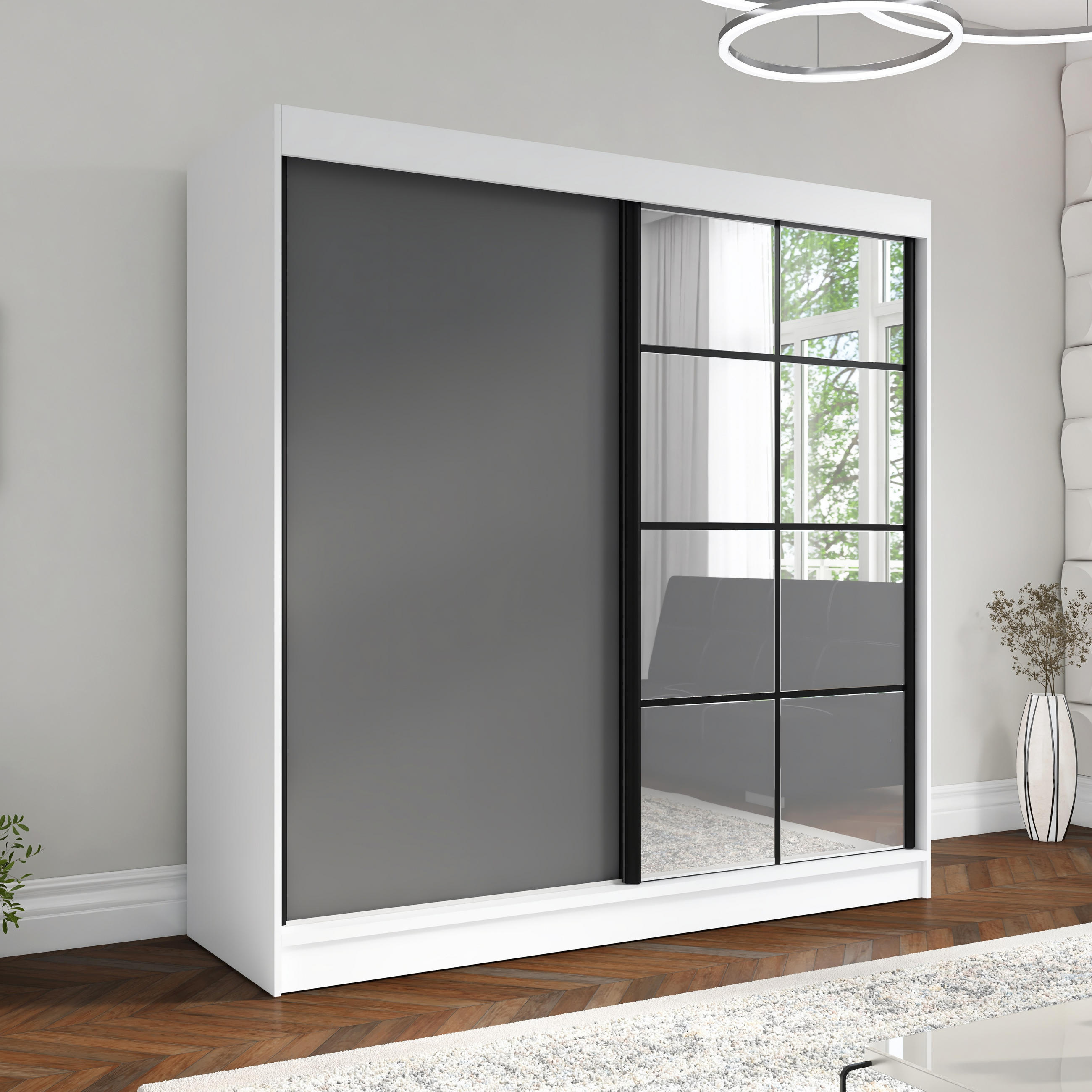 SCHWEBETÜRENSCHRANK 200 CM TAVIRO Farbe: Weiß / Graphit - Graphitfarben/Weiß, Holzwerkstoff (200/215/60cm) - A&J MöbelLand