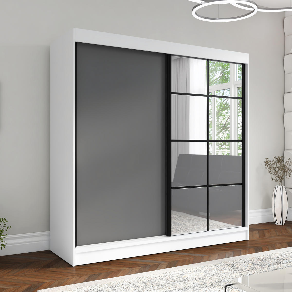 SCHWEBETÜRENSCHRANK 200 CM TAVIRO Farbe: Weiß / Graphit - Graphitfarben/Weiß, Holzwerkstoff (200/215/60cm) - A&J MöbelLand