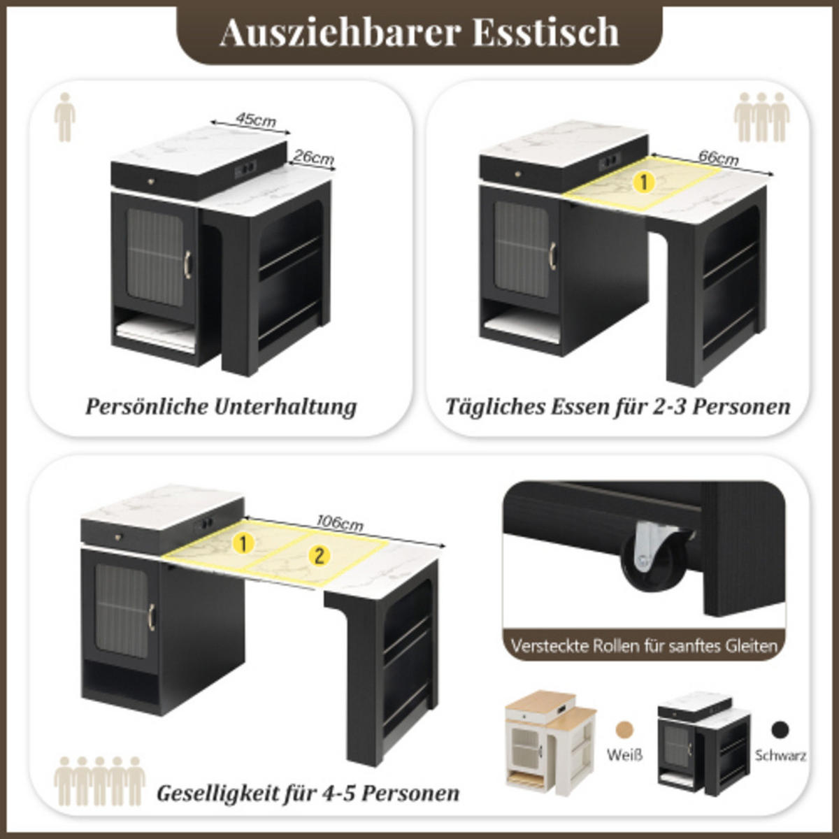 SIDEBOARD mit Riffelglastüren & Steckdosenstation schwarz 80×71-151×92 cm aus MDF und Glas - Schwarz, Holzwerkstoff (80/92/151cm) - Luhomfu