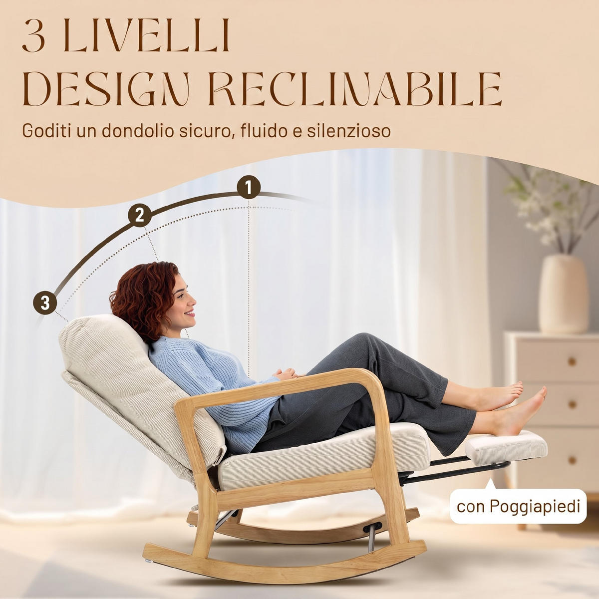SCHAUKELSTUHL Cord Fußstütze verstellbare Rückenlehne cremefarben - Creme, Textil (89/97.5/70cm) - Vallsero