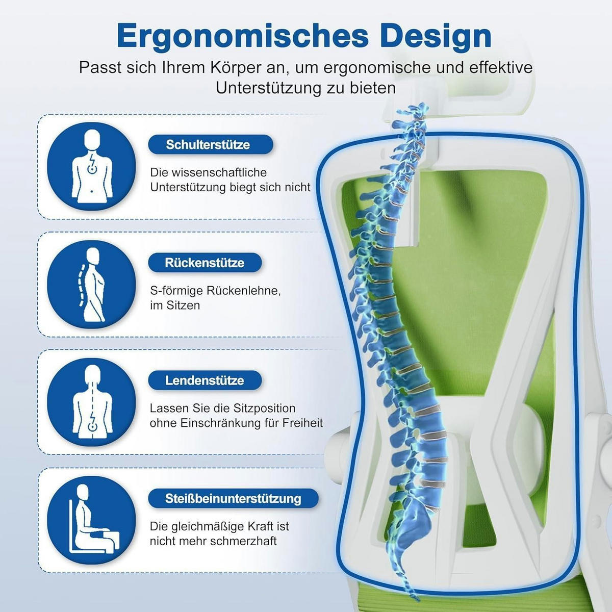 BÜROSTUHL Ergonomisch mit Kopfstütze und Lendenwirbelstütze Grün - Grün, Textil (60/128/60cm)