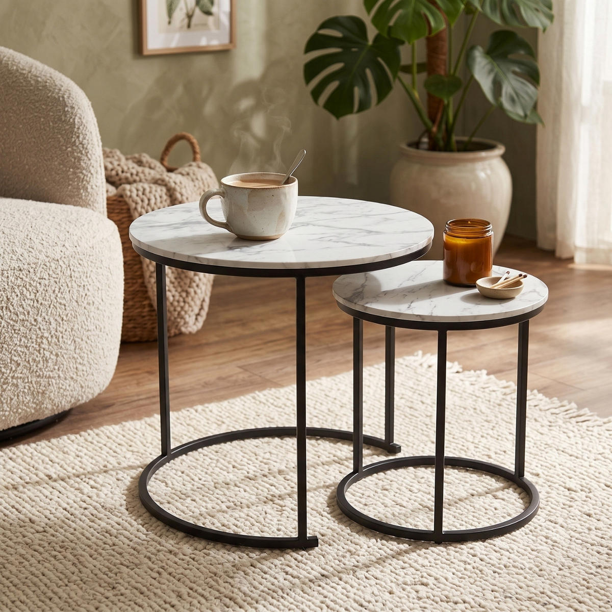 COUCHTISCH 2er-Set rund Schwarz, Weiß - Weiß, Metall (60/60/50cm) - SCENA LIVING
