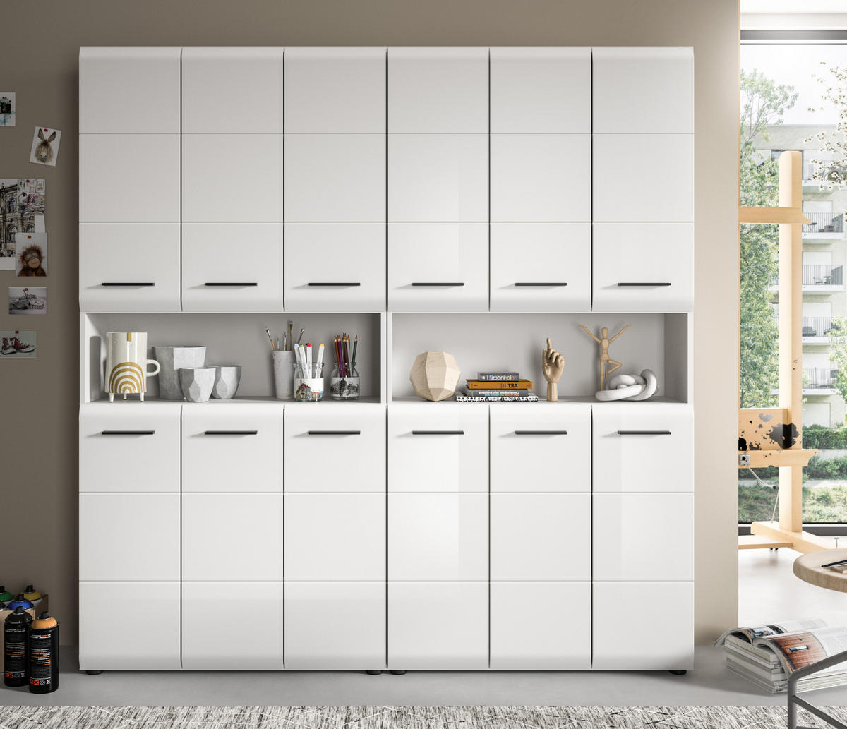 HOCHSCHRANK weiß Hochglanz 180 cm, Badezimmer Schrank mit viel Stauraum - Weiß Hochglanz/Silberfarben, Holzwerkstoff/Kunststoff (180/185/30cm) - Inn.Furn