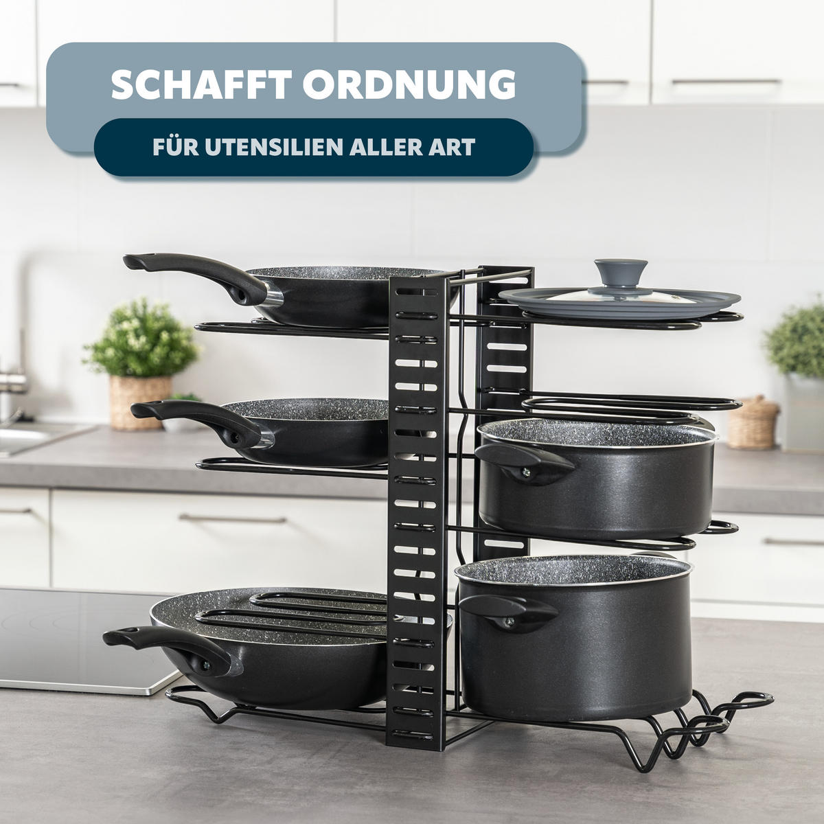 TOPFDECKELHALTER, schwarz - Schwarz, Metall (55/42.5/20cm) - eluno