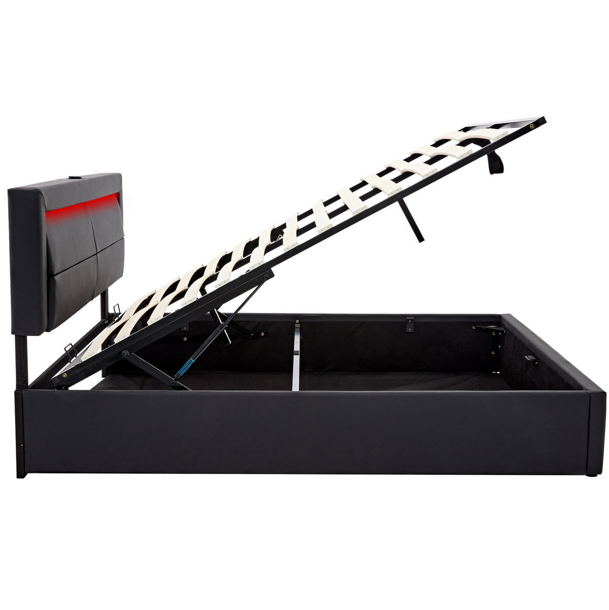 POLSTERBETT aus PU 140x200 cm Schwarz mit LED-Beleuchtung, USB-Anschluss und Stauraum - Schwarz, Leder (140/200cm) - IVMEU