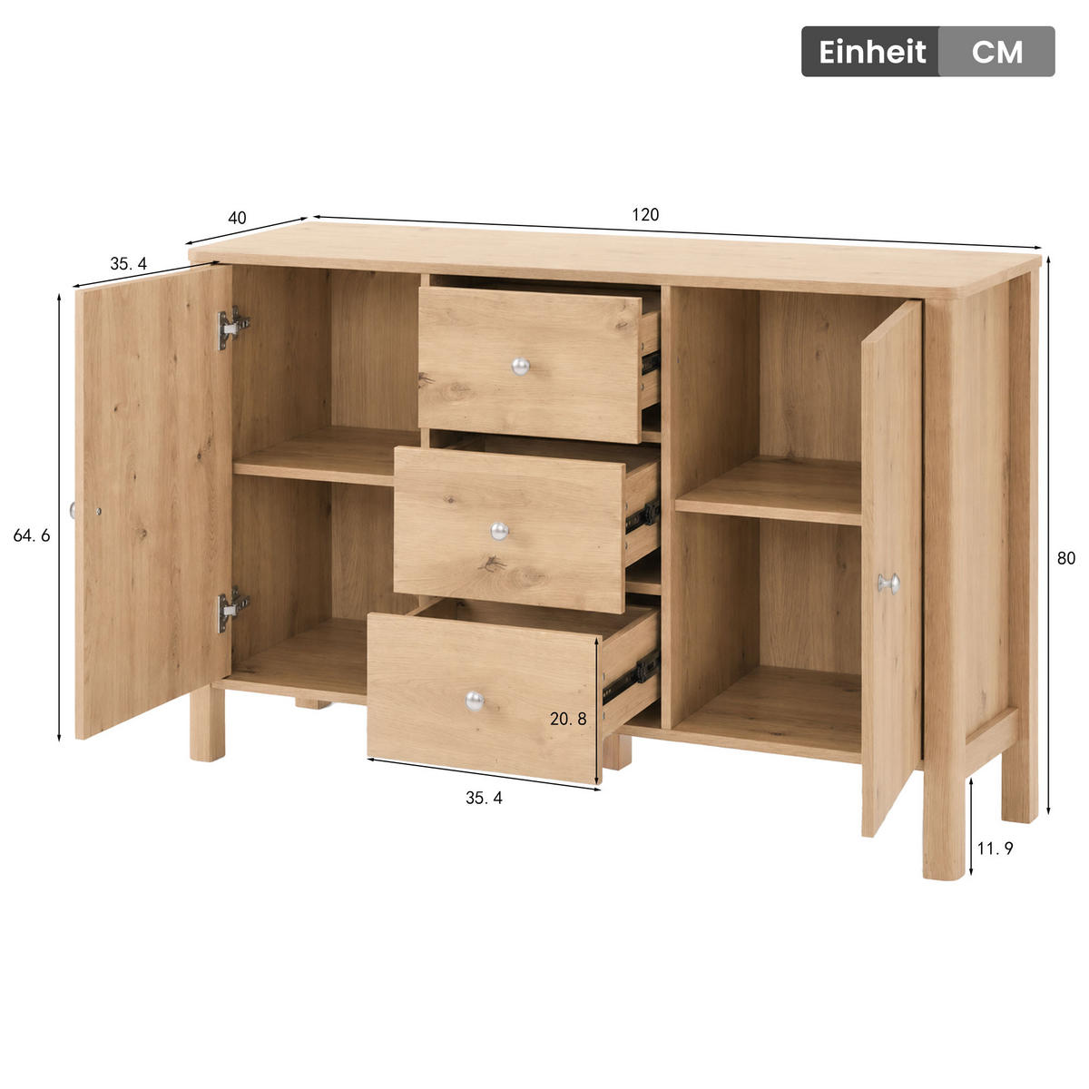 SIDEBOARD DE-38869 120/40/80 cm 3 Schubladen und 2 Türen Eiche - Eichefarben, Holzwerkstoff (120/80/40cm) - ComfortXL