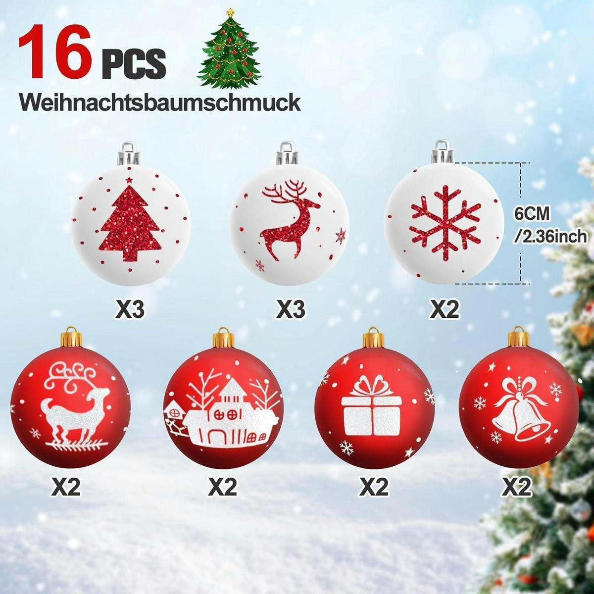 WEIHNACHTSKUGELN 16-teiliges Set 6 cm bruchsicher weiß rot - Multicolor, Kunststoff (6/6/6cm)