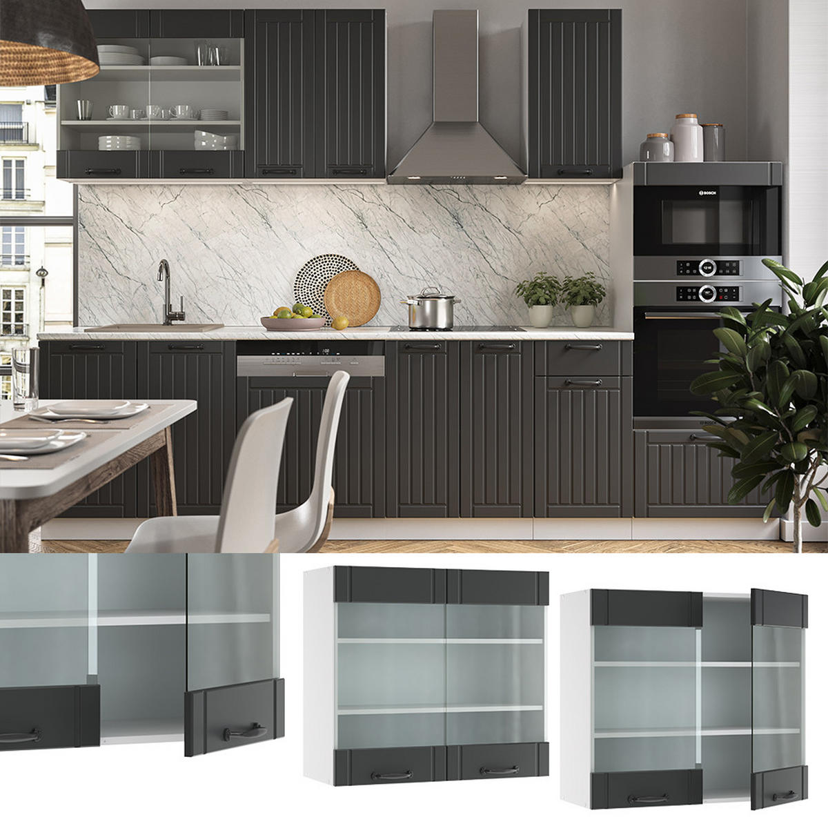 KÜCHENGLASSCHRANK Fame-Line Anthrazit Landhaus 80 cm - Anthrazit/Weiß, Holzwerkstoff (80/72/34.1cm) - Vicco