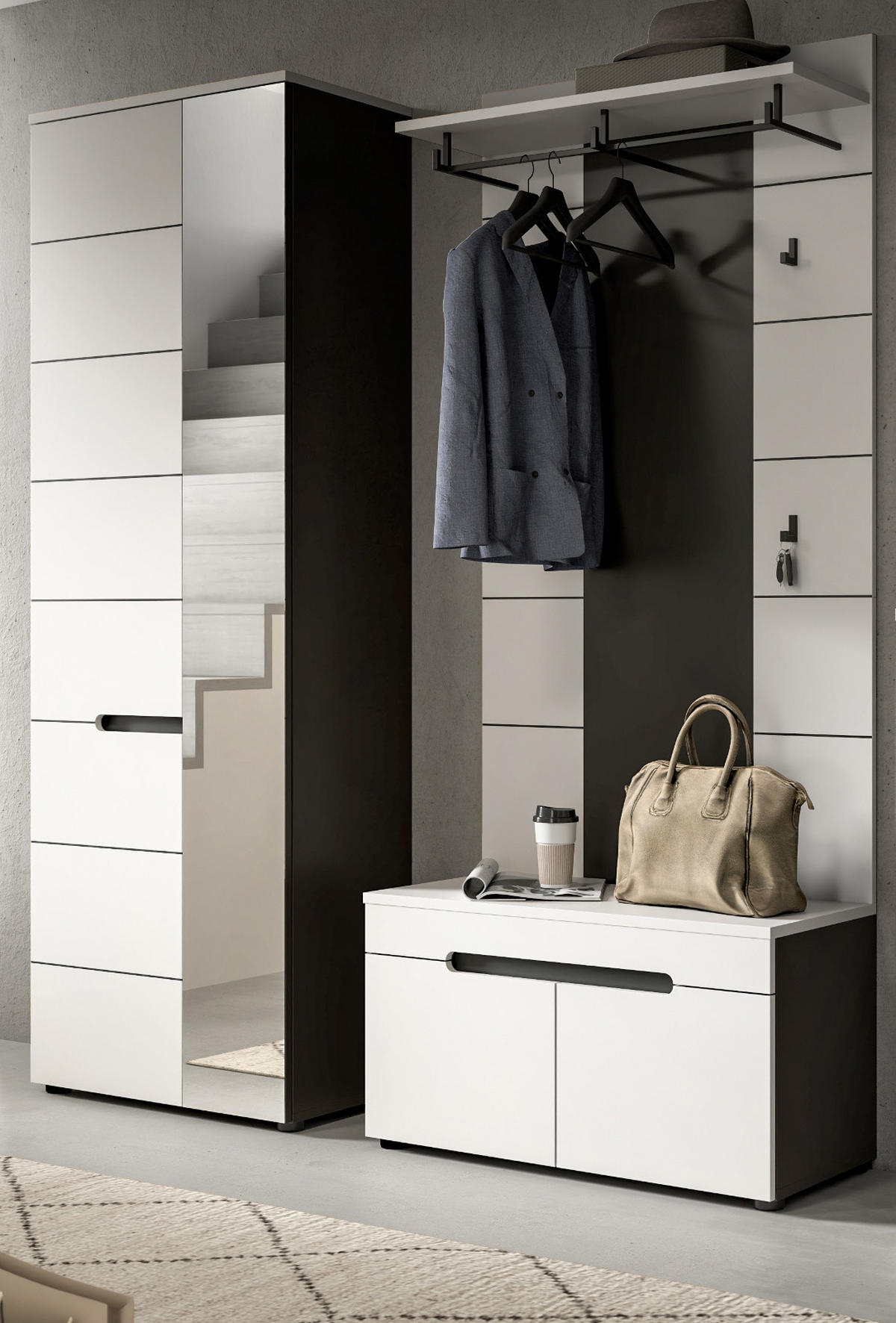 GARDEROBEN-SET 3-teilig in weiß, grau 160 cm, Kombination mit Soft-Close, Cooper - Schwarz/Weiß, Glas/Holzwerkstoff (160/190/37cm) - Inn.Furn