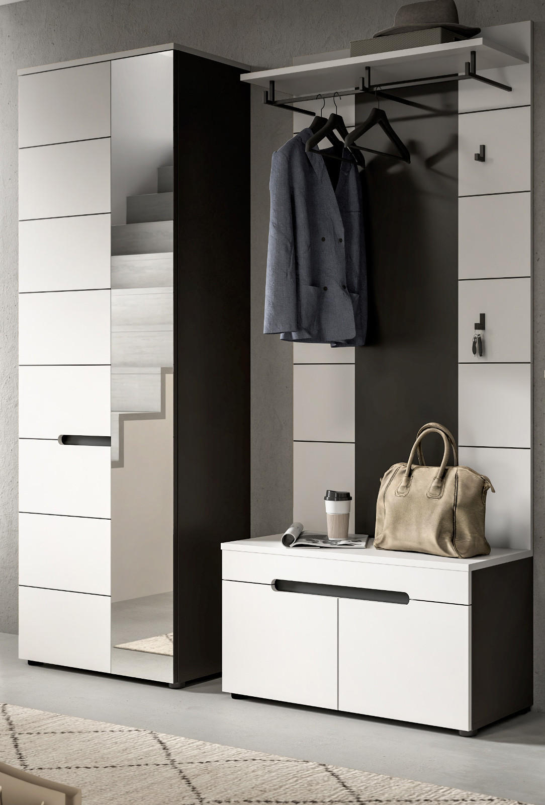 Thumbnail - Inn.Furn Garderoben-Set, Weiß, Grau, Holzwerkstoff, Glas, Metall, Nachbildung, Uni, 4 Fächer, 160x190x37 cm, FSC Mix, Ga...