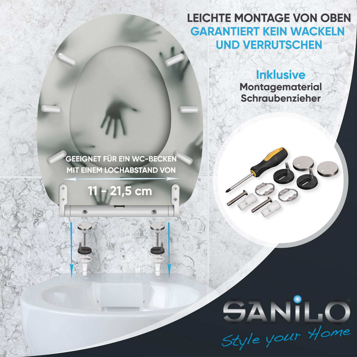 WC-SITZ mit Absenkautomatik & Top Fix Shadow Hands - Grau, Holzwerkstoff (37.7/5.5/48cm) - Sanilo