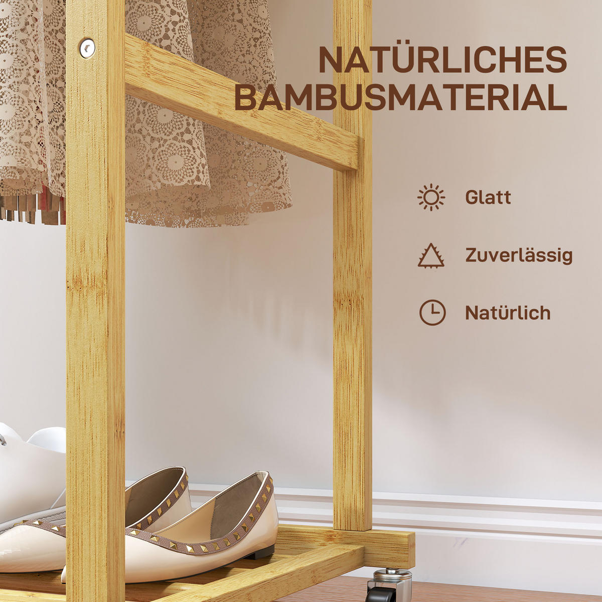 KLEIDERSTÄNDER mit Rollen Garderobenständer mit Kleiderstange Schuhablage Bambus - Naturfarben, Naturmaterialien/Bambusholz (40/160/80cm) - HOMCOM