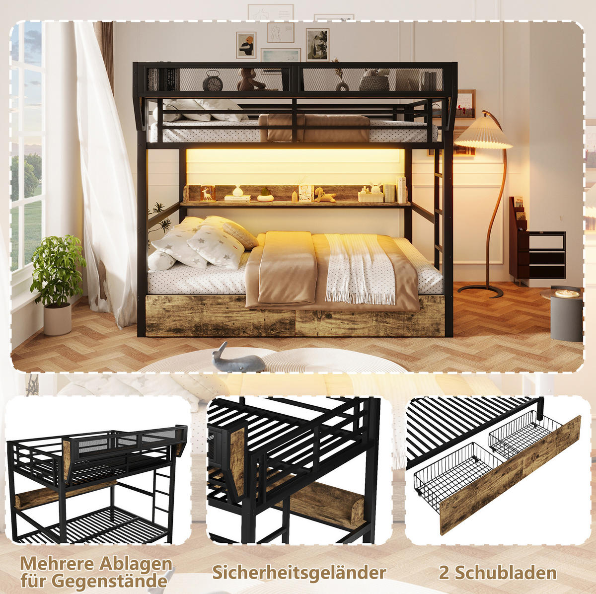 ETAGENBETT 140/200 cm Schwarz mit LED und Stauraum ohne Matratze - Schwarz, Metall (140/200cm) - MIVRAY