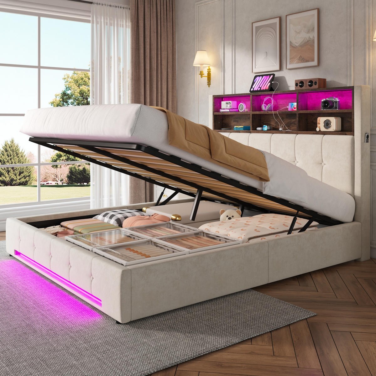 POLSTERBETT 160/200 cm in Beige mit 6 Fächern, Seitentaschen, USB-C, LED und Bettkasten aus Samt - Beige, Holzwerkstoff/Textil - STILVORA