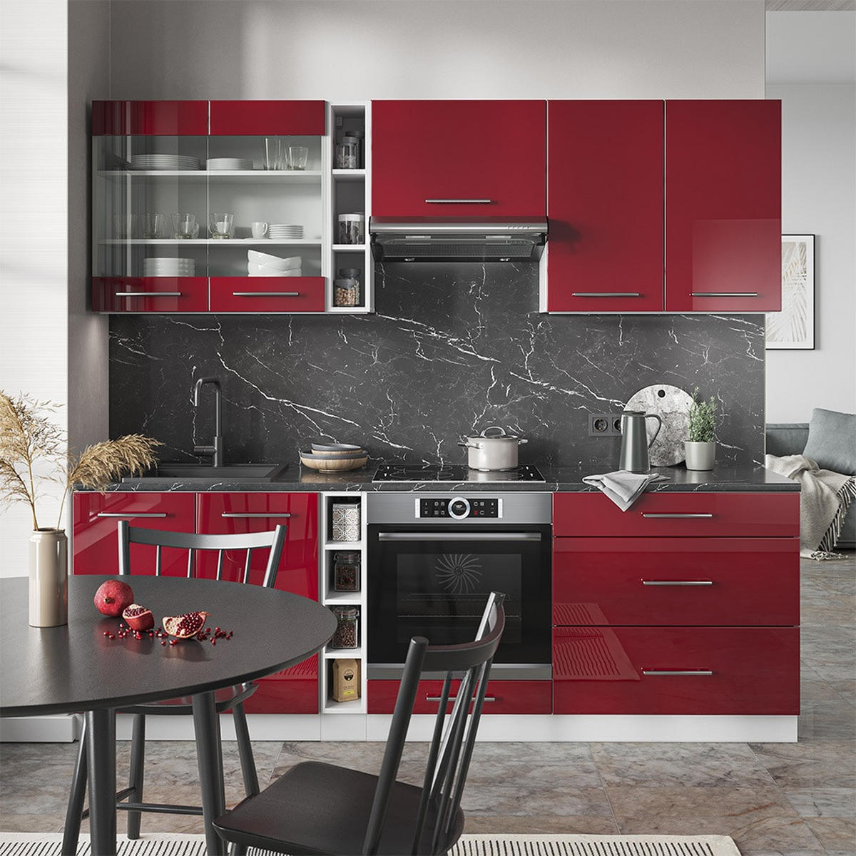 KUHINJA Fame-Line Bordeaux visok sijaj/bela 235 cm brez delovne plošče - bela/bordo, leseni material (235/206.8/46cm) - Vicco