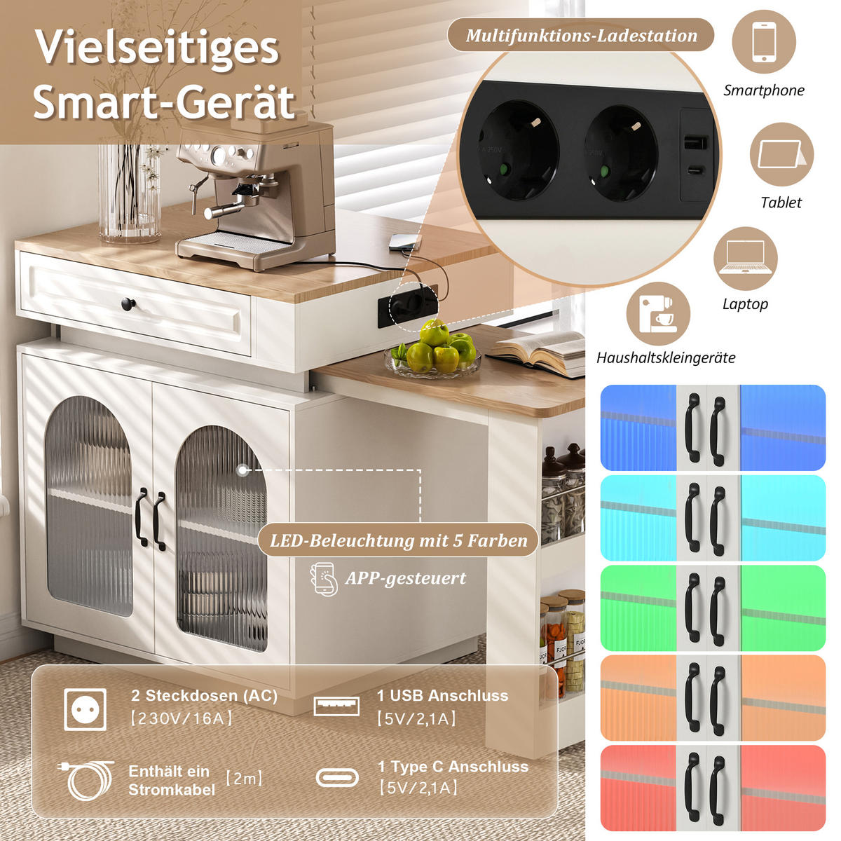 BARTISCH 128–200×71×92 cm aus MDF+Glas mit Riffelglas, LED & USB-Ladestation, weiß - Weiß, Holzwerkstoff (200/71/92cm) - Luhomfu