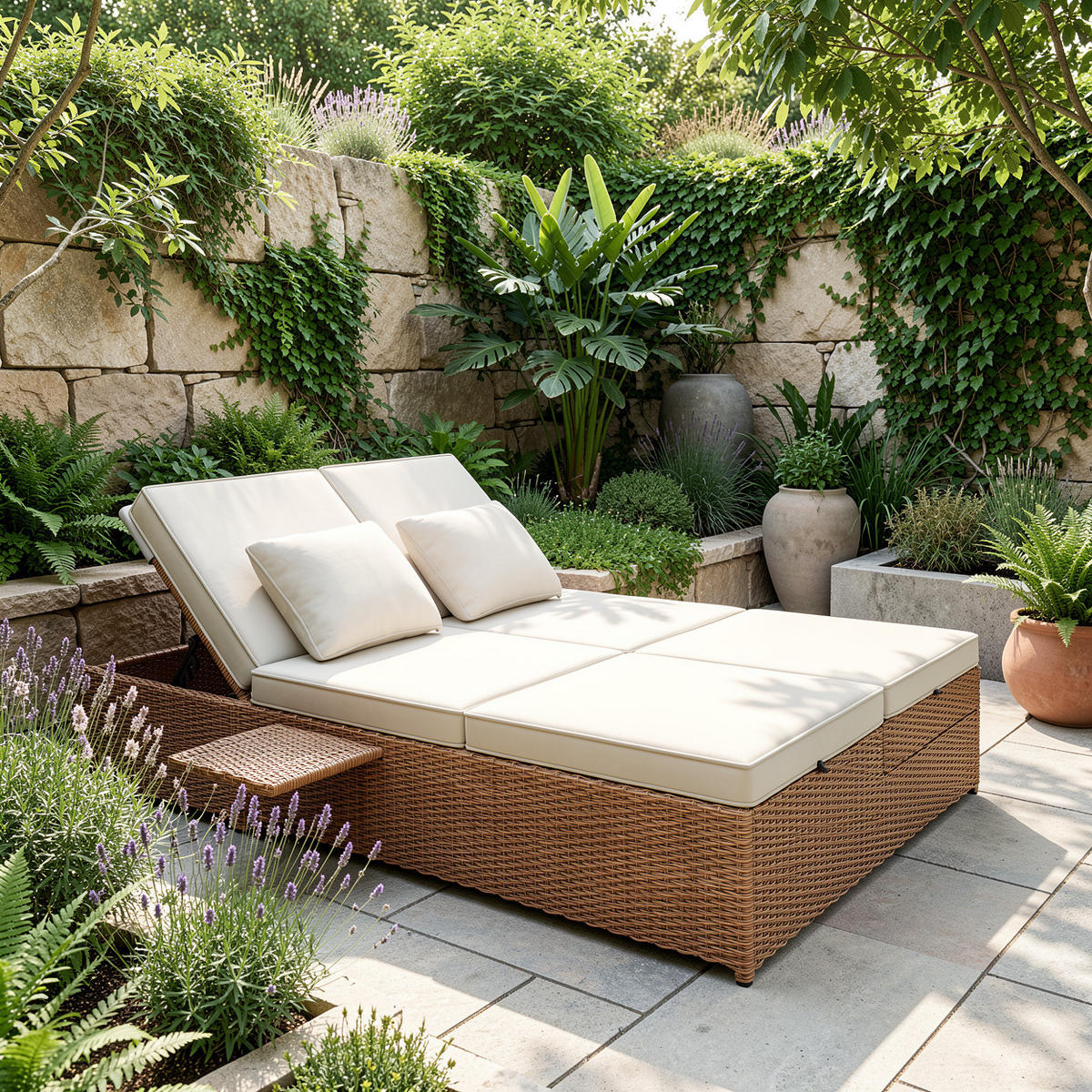 DOPPEL-SONNENLIEGE 199 cm Polyrattan Natur Gartenliege für 2 Personen mit verstellbarer Rückenlehne & Polster - Weiß, Metall (199/37/120cm) - Urban Meuble