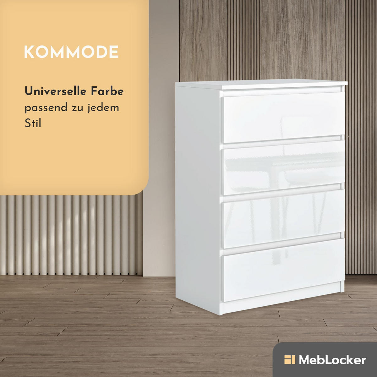 KOMMODE mit 4 Schubladen Weiß mit HochglanzFronte - Weiß Hochglanz, Holzwerkstoff (102/70/39cm) - MebLocker