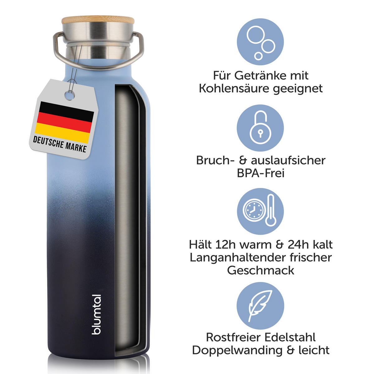 TRINKFLASCHE Leni 1000 ml, inkl. Teesieb und Sportdeckel - Schwarz Hochglanz, Metall (1L) - Blumtal