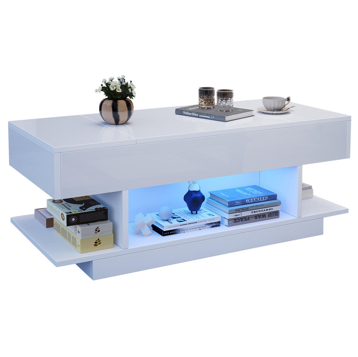 COUCHTISCH 98/45/40 cm höhenverstellbar mit LED, Stauraum und Lift-Tischplatte aus Spanplatte, Weiß - Weiß, Holzwerkstoff (98/45/40cm) - Redom