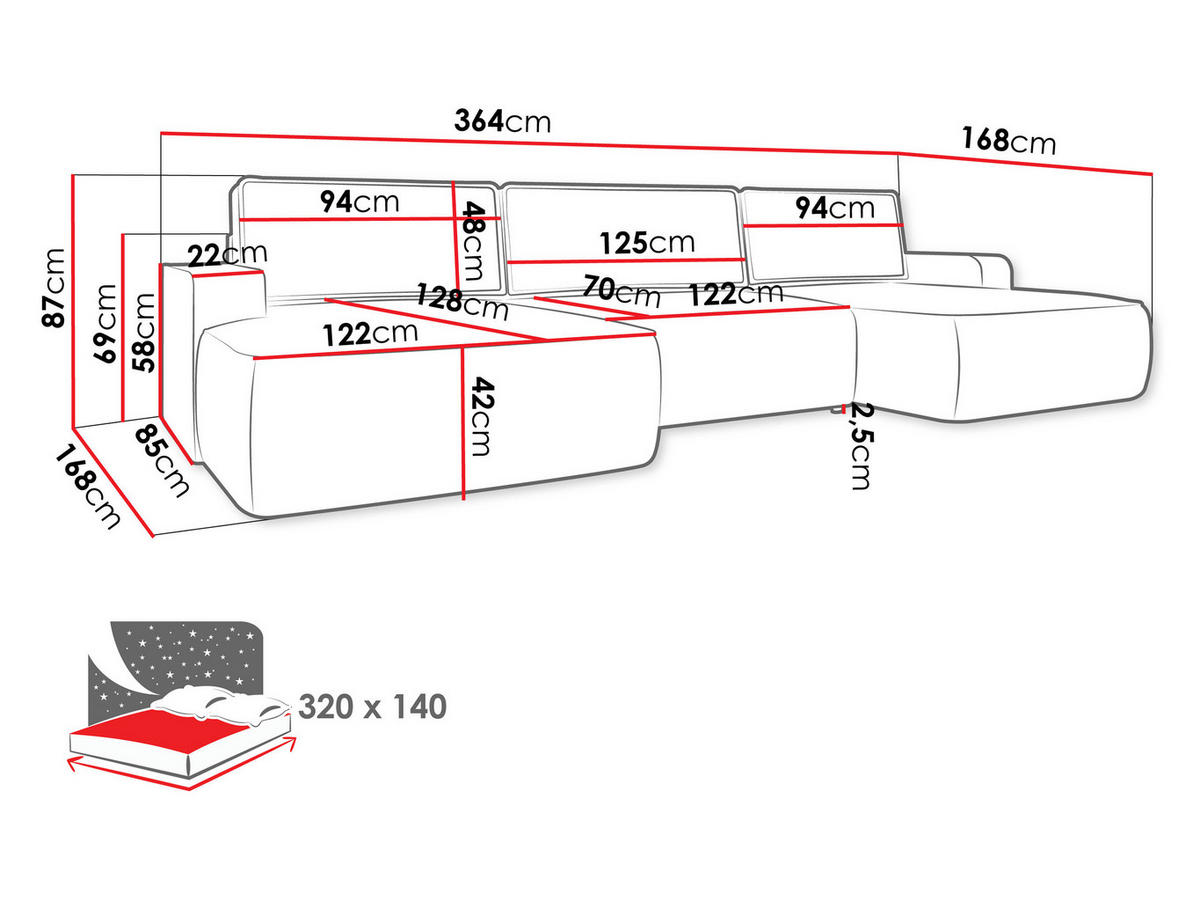 WOHNLANDSCHAFT Mono U - Schwarz/Grau, Holz/Kunststoff (364/87/168cm) - MIRJAN24