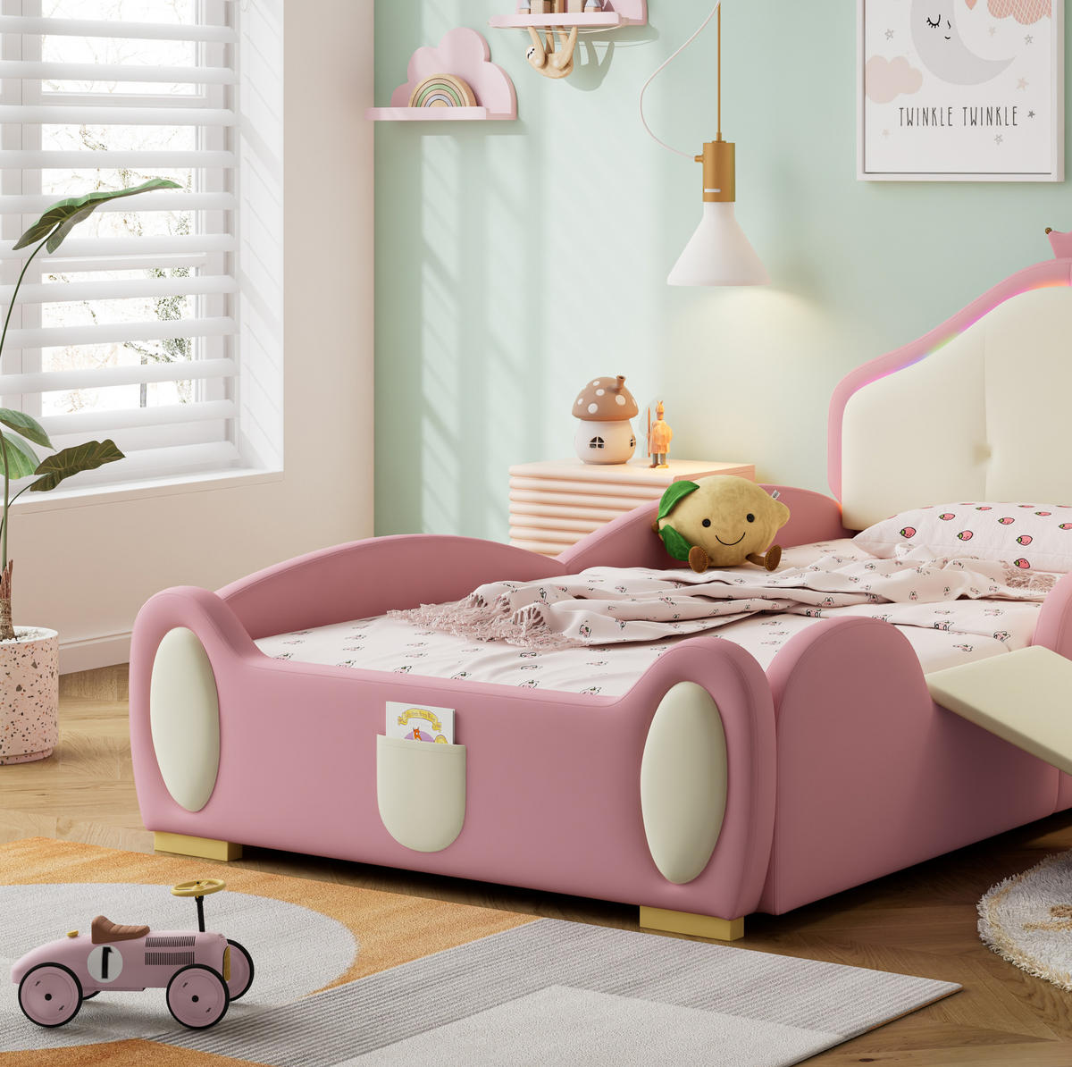 KINDERBETT 90/200 cm in Rosa/Beige mit LED-Beleuchtung, Rutsche und Treppe - Rosa, Kunststoff (90/200cm) - Flora Grace