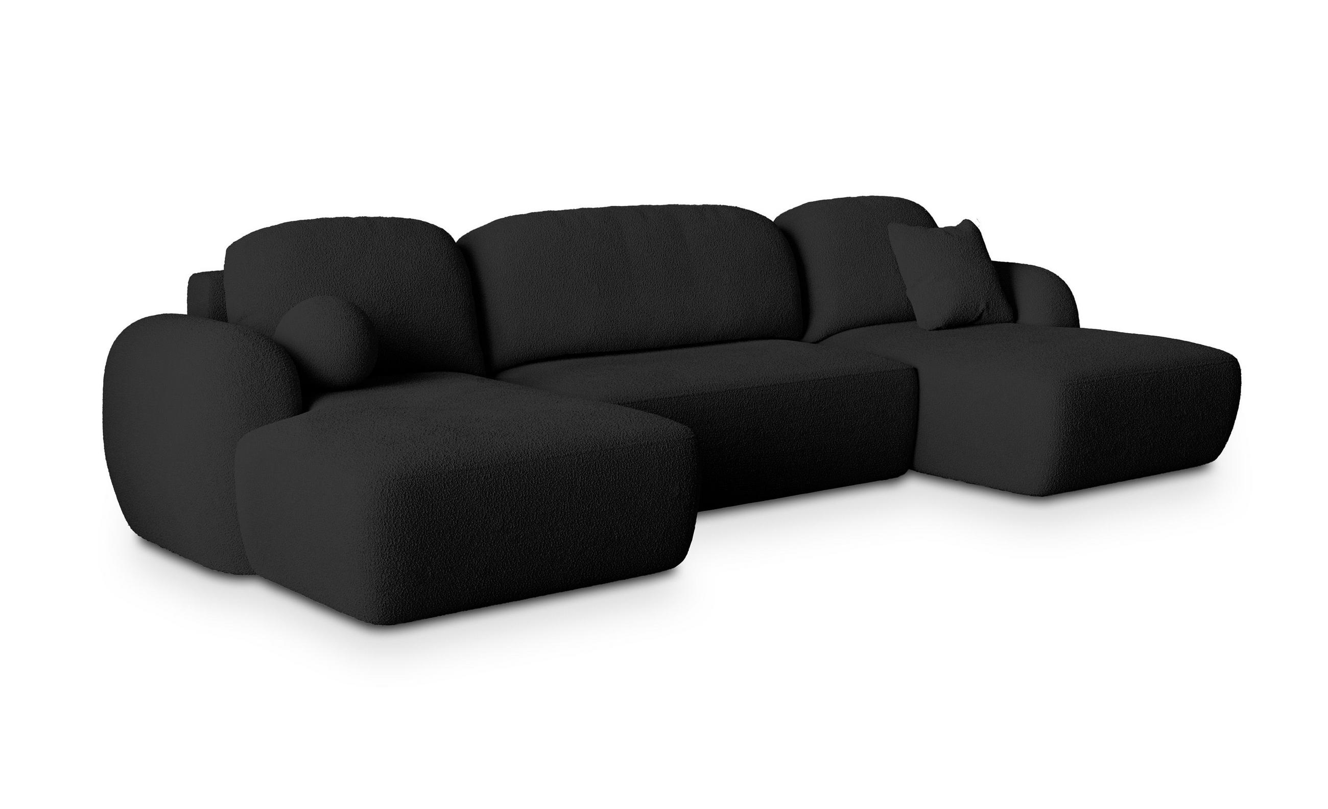WOHNLANDSCHAFT SAVONA N Schwarz Boucle-Stoff mit Schlaffunktion - Schwarz, Holz (350/90/148cm) - MASSENO