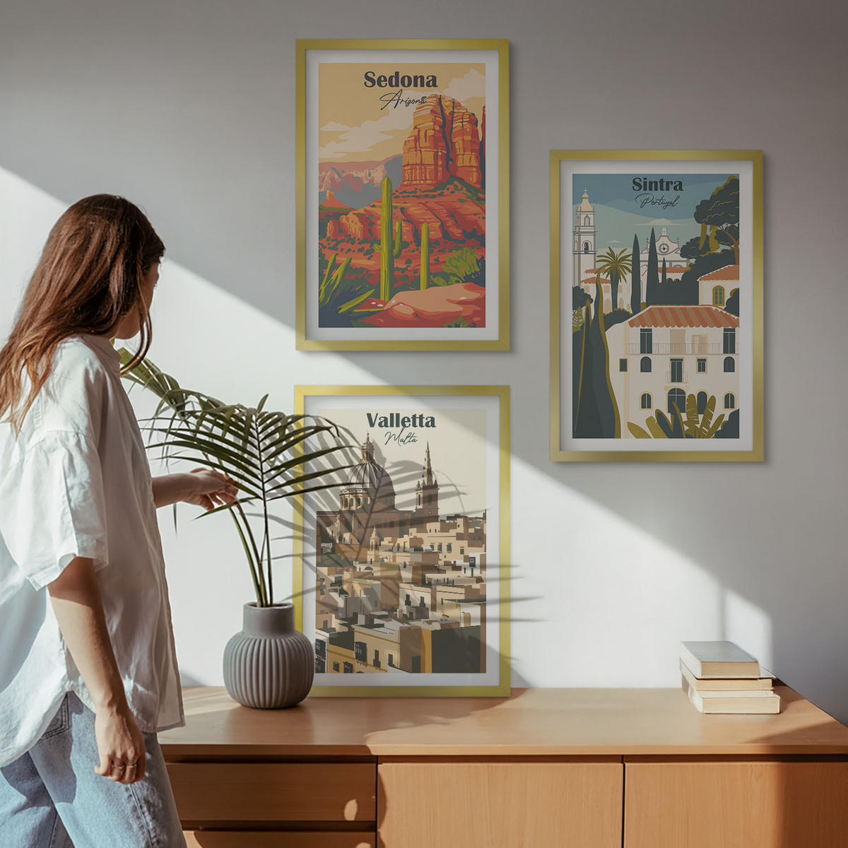 BILDER SET 3er Set - 40x60 cm Goldrahmen - Ansichten Sedona Sintra Valletta Retro - Goldfarben, Kunststoff (40/60cm) - TULUP