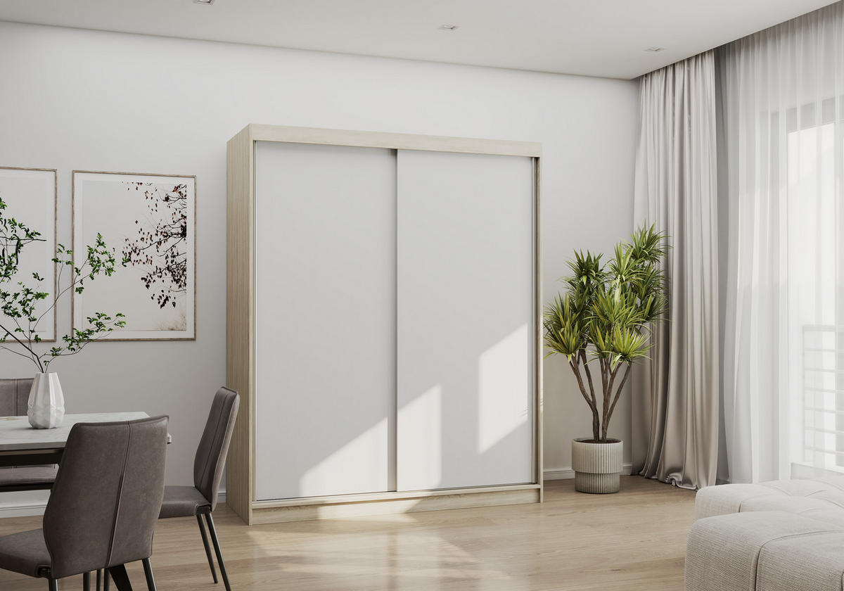 SCHIEBETÜRENSCHRANK - Kleiderschrank EVA 04 - Sonoma + Weiß - Weiß/Sonoma Eiche, Holzwerkstoff (160/195/61cm) - Möblo
