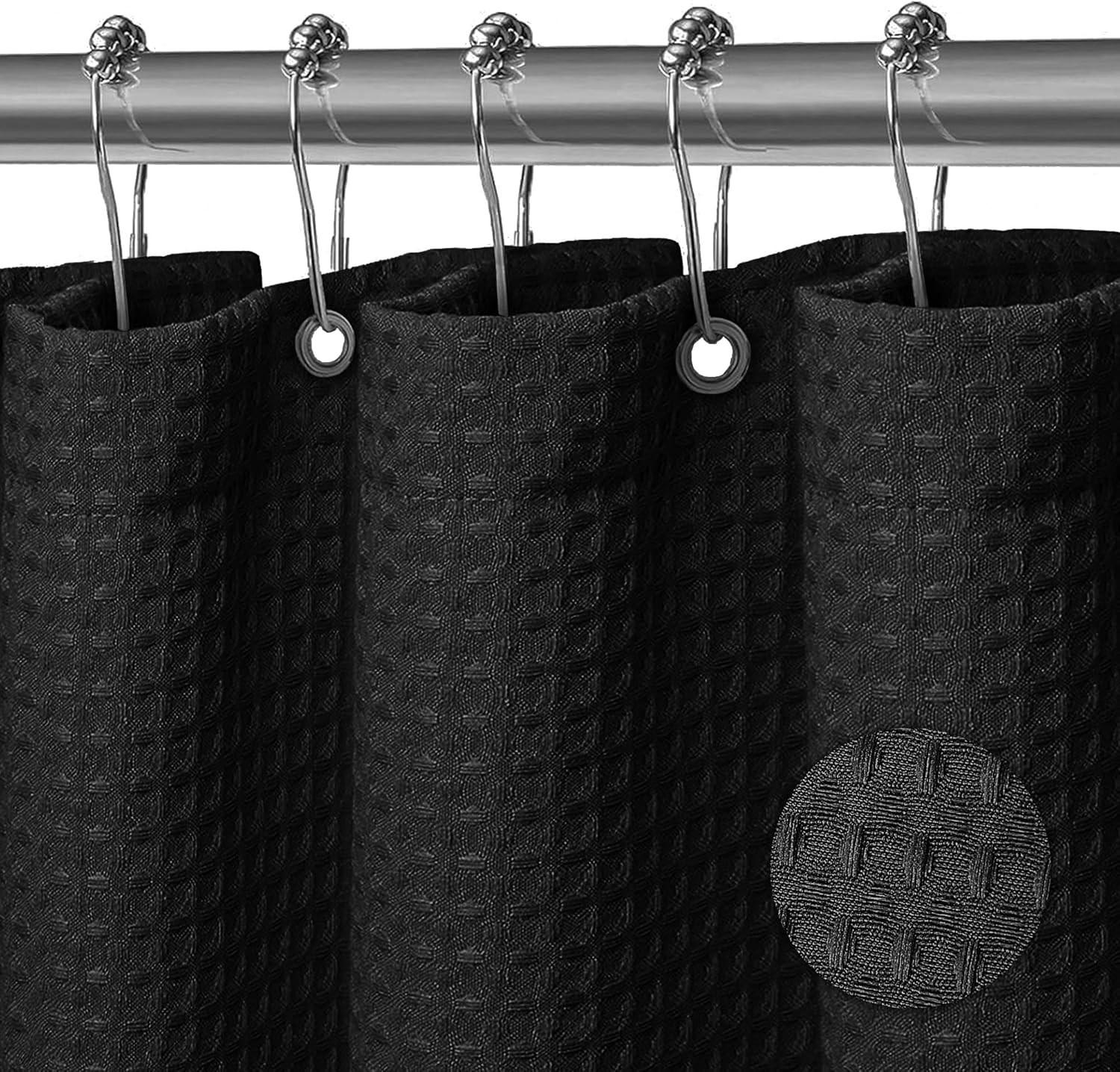 DUSCHVORHANG Schwarz Polyester waschbar wasserdicht Waffelstruktur mit Haken Badezimmer - Schwarz, Textil (180/180cm) - MCBOSON