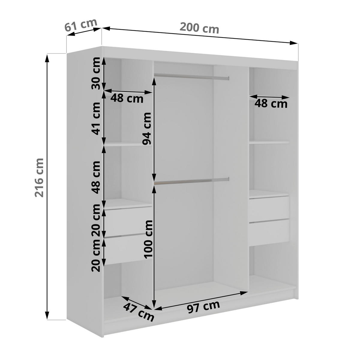 SCHWEBETÜRENSCHRANK mit Schubladen 200 - DUBROWNIK - Weiß mit Spiegel - Alufarben/Weiß, Holzwerkstoff/Metall (200/216/61cm) - MKS