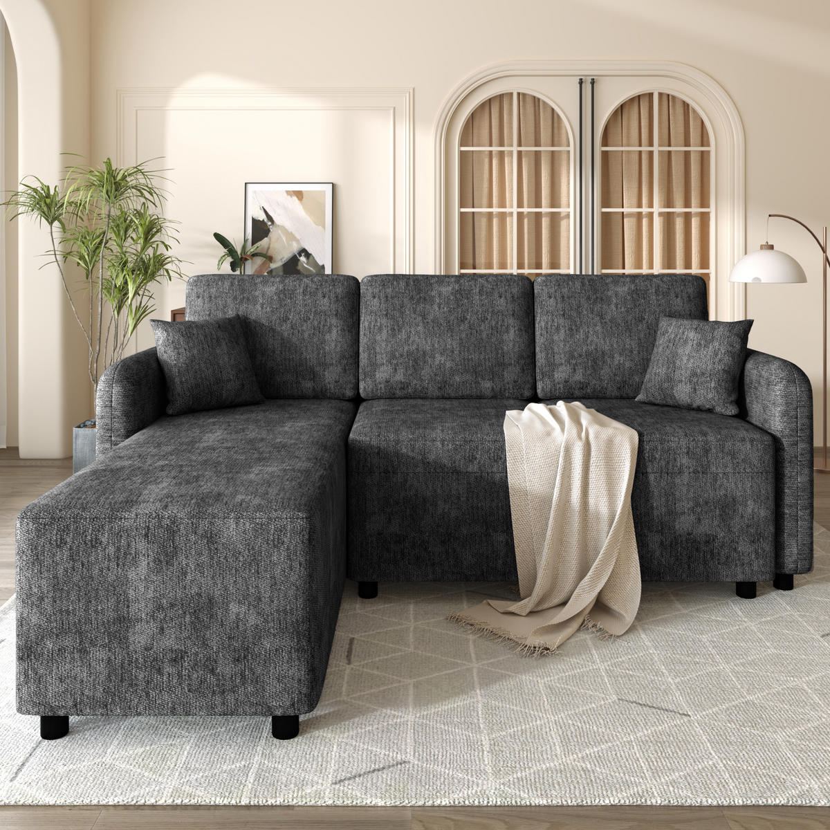 ECKSOFA 187.5/144/85.5 cm Schwarz Chenille mit 2 Kissen - Schwarz, Kunststoff/Textil (187.5/144cm) - Oxeza