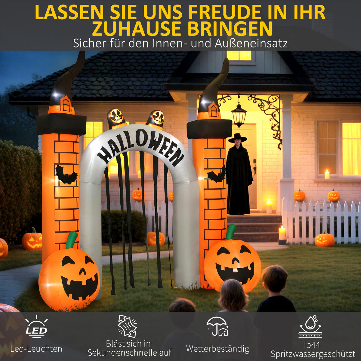 AUFBLASBARER Halloween Torbogen 3 m mit LED Geisterkürbis Gebläse für Hof Rasen - Orange, Textil (105/322/325cm) - Outsunny