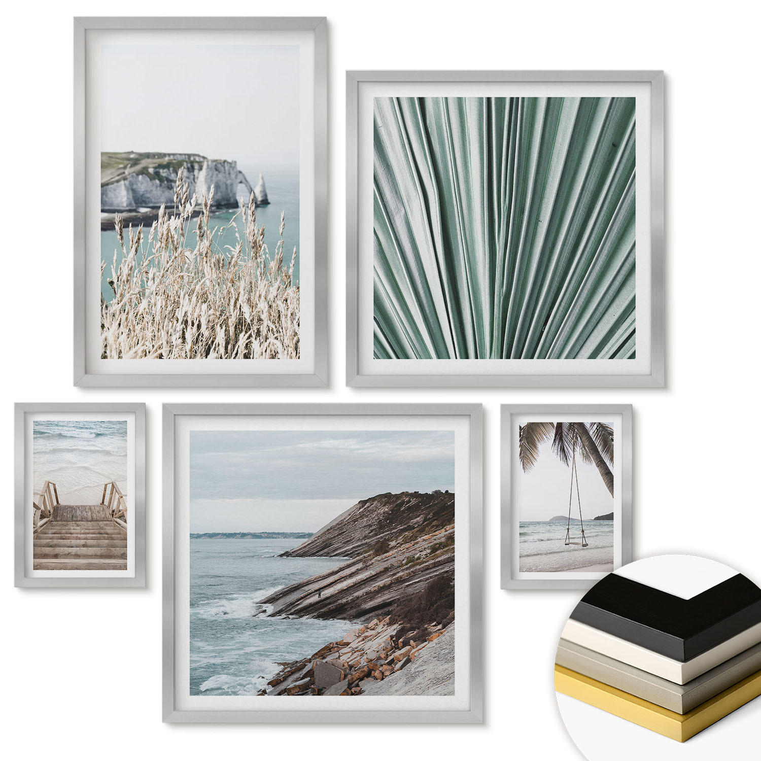 WANDBILDER 5er Set - 50x50 cm & 20x30 cm & 40x60 cm Silberner Rahmen - Strandtreppe Schaukel Meer - Silberfarben, Kunststoff (40/60cm) - ArtPrintCave