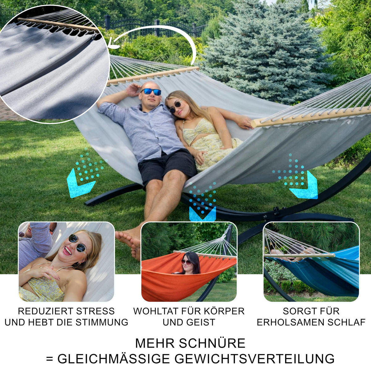 HÄNGEMATTE mit Gestell, 2 Personen, Stabhängematte, XXL, 200 kg, Metall, Grün, einfache Montage - Grün, Metall (370/130/120cm) - Potenza